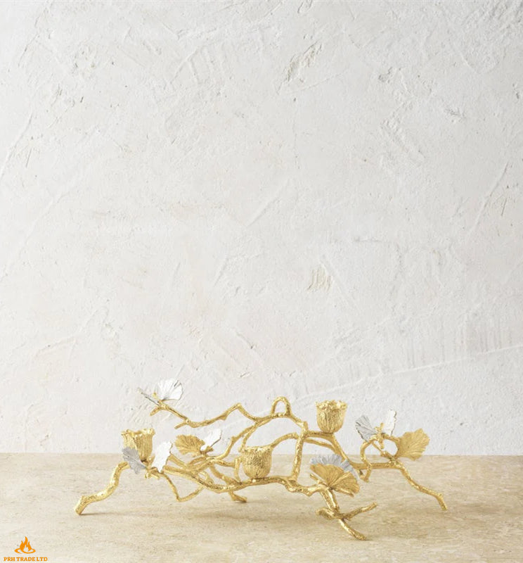Midas Butterfly Ginkgo Gold Low Candlestick